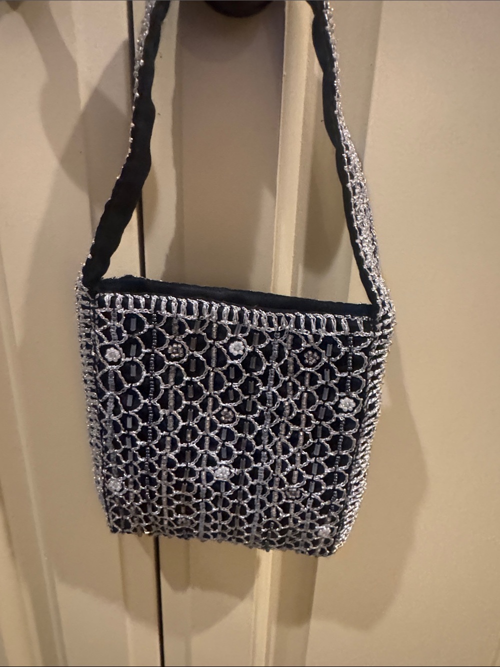 Beaded Navy Mini Bag with Silver crochet Accents